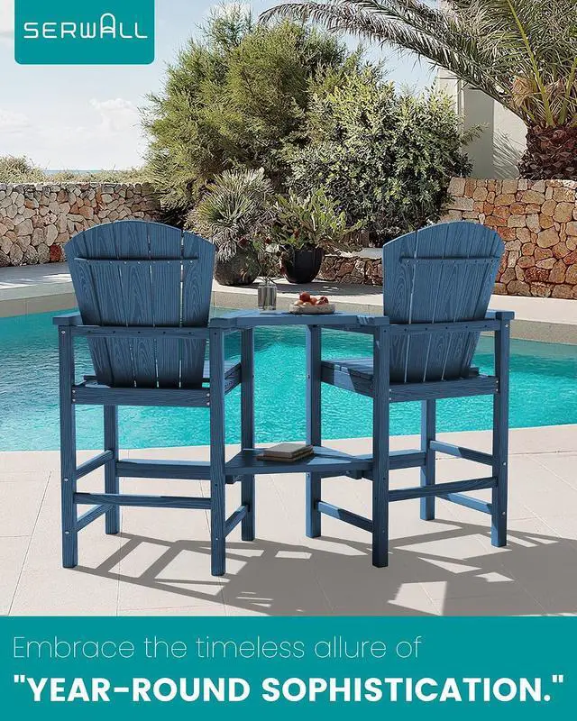 Alt view image 6 of 6 - Tall Adirondack Chairs Set of 2 with Double Layer Connecting Tray, HDPE Bar Height Outdoor Chairs, Wood-Like Adirondack Bar Stools for Patio, Balcony, Porch, Blue