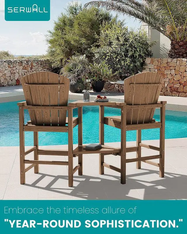 Alt view image 6 of 7 - Tall Adirondack Chairs Set of 2 with Double Layer Connecting Tray, HDPE Bar Height Outdoor Chairs, Wood-Like Adirondack Bar Stools for Patio, Balcony, Porch, Brown