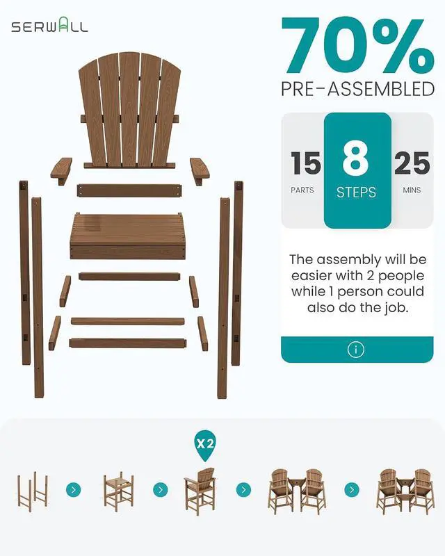 Alt view image 7 of 7 - Tall Adirondack Chairs Set of 2 with Double Layer Connecting Tray, HDPE Bar Height Outdoor Chairs, Wood-Like Adirondack Bar Stools for Patio, Balcony, Porch, Brown