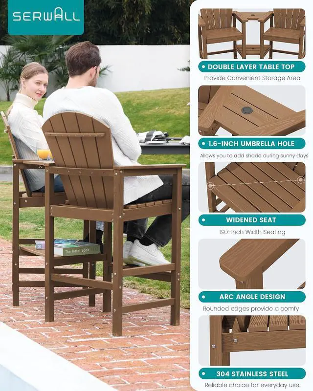Alt view image 6 of 7 - Tall Adirondack Chairs Set of 2 with 9FT Umbrella, HDPE Bar Height Outdoor Chairs, Wood-Like Adirondack Bar Stools for Patio, Balcony, Porch, Brown