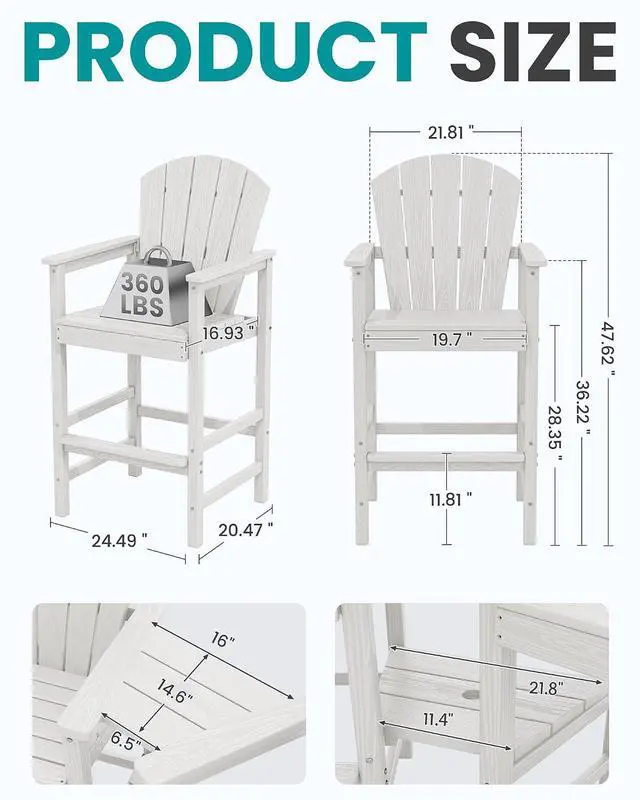 Alt view image 2 of 7 - Tall Adirondack Chairs Set of 4 with Double Layer Connecting Tray, HDPE Bar Height Outdoor Chairs, Wood-Like Adirondack Bar Stools for Patio, Balcony, Porch, White