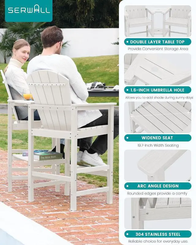 Alt view image 4 of 7 - Tall Adirondack Chairs Set of 4 with Double Layer Connecting Tray, HDPE Bar Height Outdoor Chairs, Wood-Like Adirondack Bar Stools for Patio, Balcony, Porch, White