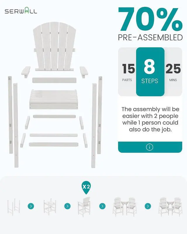 Alt view image 7 of 7 - Tall Adirondack Chairs Set of 4 with Double Layer Connecting Tray, HDPE Bar Height Outdoor Chairs, Wood-Like Adirondack Bar Stools for Patio, Balcony, Porch, White
