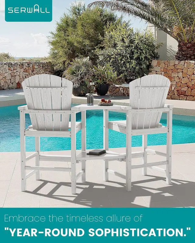 Alt view image 6 of 7 - Tall Adirondack Chairs Set of 4 with Double Layer Connecting Tray, HDPE Bar Height Outdoor Chairs, Wood-Like Adirondack Bar Stools for Patio, Balcony, Porch, White