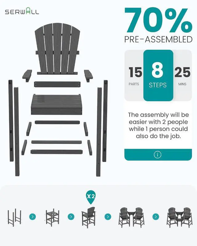 Alt view image 7 of 7 - Tall Adirondack Chairs Set of 4 with Double Layer Connecting Tray, HDPE Bar Height Outdoor Chairs, Wood-Like Adirondack Bar Stools for Patio, Balcony, Porch, Grey