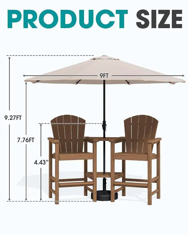 Alt view image 2 of 7 - Tall Adirondack Chairs Set of 2 with 9FT Umbrella, HDPE Bar Height Outdoor Chairs, Wood-Like Adirondack Bar Stools for Patio, Balcony, Porch, Brown