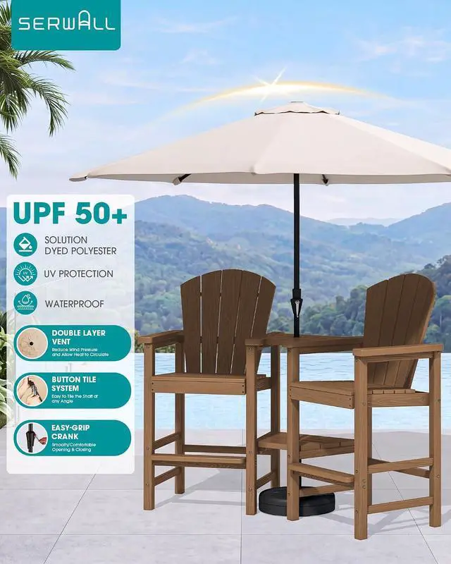 Alt view image 3 of 7 - Tall Adirondack Chairs Set of 2 with 9FT Umbrella, HDPE Bar Height Outdoor Chairs, Wood-Like Adirondack Bar Stools for Patio, Balcony, Porch, Brown