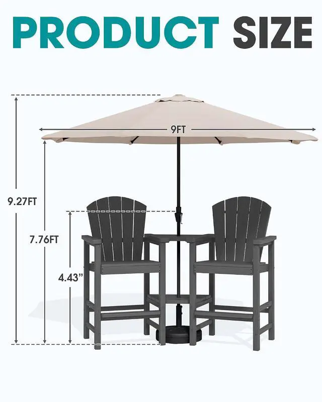 Alt view image 2 of 7 - Tall Adirondack Chairs Set of 2 with 9FT Umbrella, HDPE Bar Height Outdoor Chairs, Wood-Like Adirondack Bar Stools for Patio, Balcony, Porch, Gray