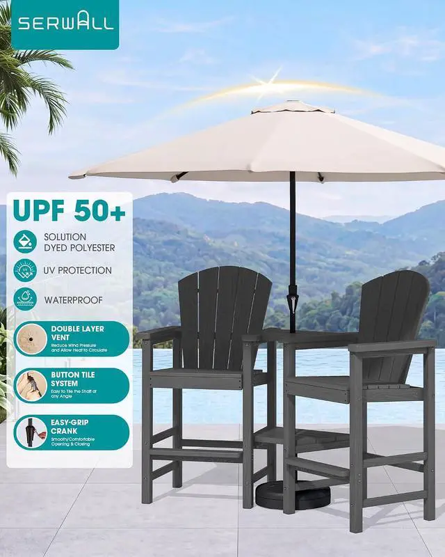 Alt view image 3 of 7 - Tall Adirondack Chairs Set of 2 with 9FT Umbrella, HDPE Bar Height Outdoor Chairs, Wood-Like Adirondack Bar Stools for Patio, Balcony, Porch, Gray