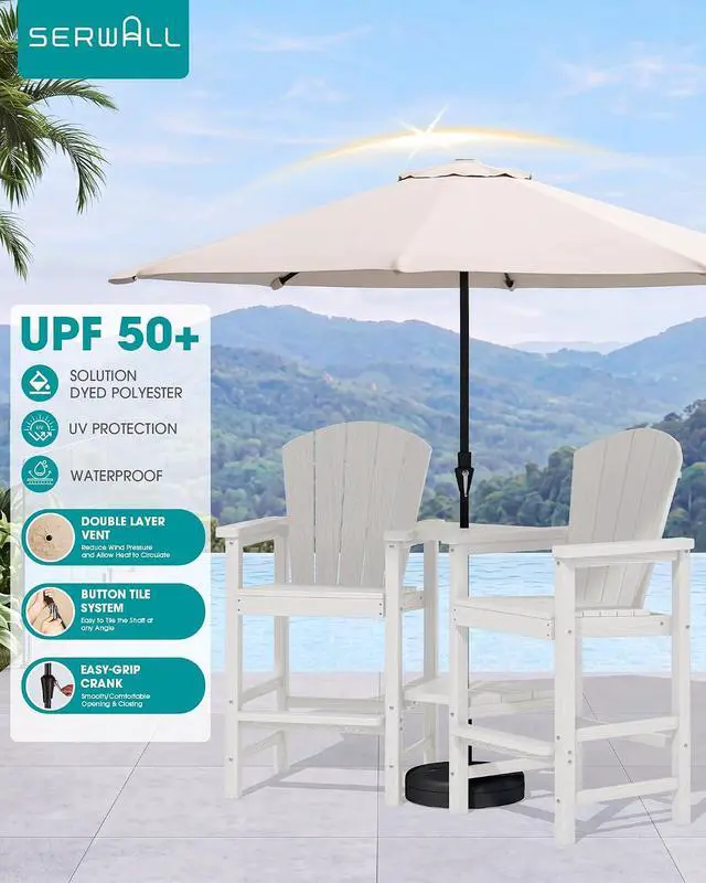 Alt view image 3 of 7 - Tall Adirondack Chairs Set of 2 with 9FT Umbrella, HDPE Bar Height Outdoor Chairs, Wood-Like Adirondack Bar Stools for Patio, Balcony, Porch, White