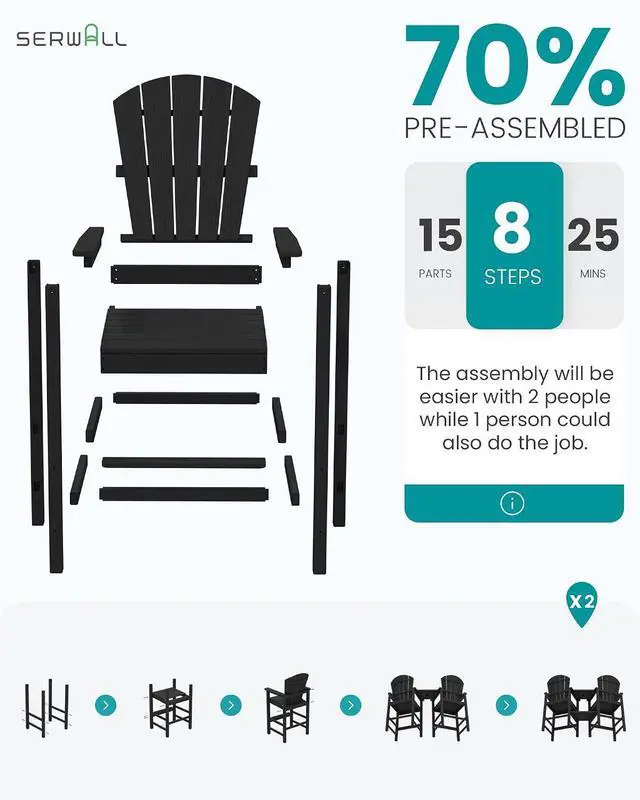 Alt view image 7 of 7 - Tall Adirondack Chairs Set of 2 with Double Layer Connecting Tray, HDPE Bar Height Outdoor Chairs, Wood-Like Adirondack Bar Stools for Patio, Balcony, Porch, Black