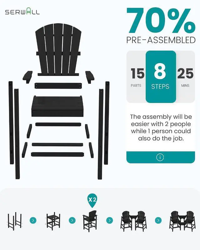 Alt view image 7 of 7 - Tall Adirondack Chairs Set of 4 with Double Layer Connecting Tray, HDPE Bar Height Outdoor Chairs, Wood-Like Adirondack Bar Stools for Patio, Balcony, Porch, Black