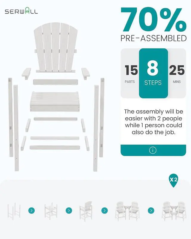 Alt view image 7 of 7 - Tall Adirondack Chairs Set of 2 with Double Layer Connecting Tray, HDPE Bar Height Outdoor Chairs, Wood-Like Adirondack Bar Stools for Patio, Balcony, Porch, White