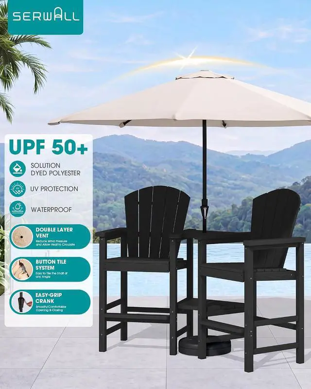 Alt view image 3 of 7 - Tall Adirondack Chairs Set of 2 with 9FT Umbrella, HDPE Bar Height Outdoor Chairs, Wood-Like Adirondack Bar Stools for Patio, Balcony, Porch, Black