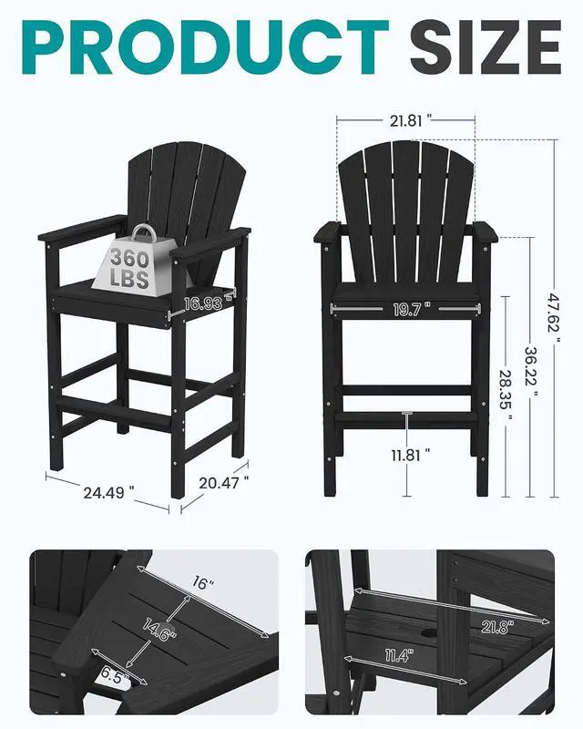 Alt view image 4 of 7 - Tall Adirondack Chairs Set of 2 with 9FT Umbrella, HDPE Bar Height Outdoor Chairs, Wood-Like Adirondack Bar Stools for Patio, Balcony, Porch, Black