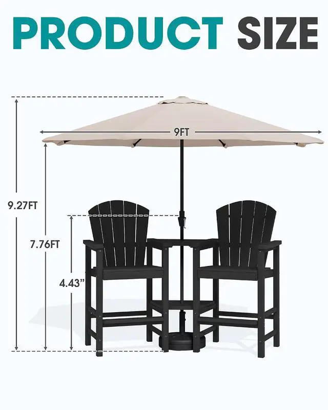 Alt view image 2 of 7 - Tall Adirondack Chairs Set of 2 with 9FT Umbrella, HDPE Bar Height Outdoor Chairs, Wood-Like Adirondack Bar Stools for Patio, Balcony, Porch, Black