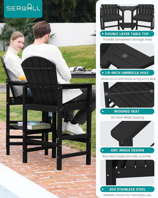 Alt view image 6 of 7 - Tall Adirondack Chairs Set of 2 with 9FT Umbrella, HDPE Bar Height Outdoor Chairs, Wood-Like Adirondack Bar Stools for Patio, Balcony, Porch, Black