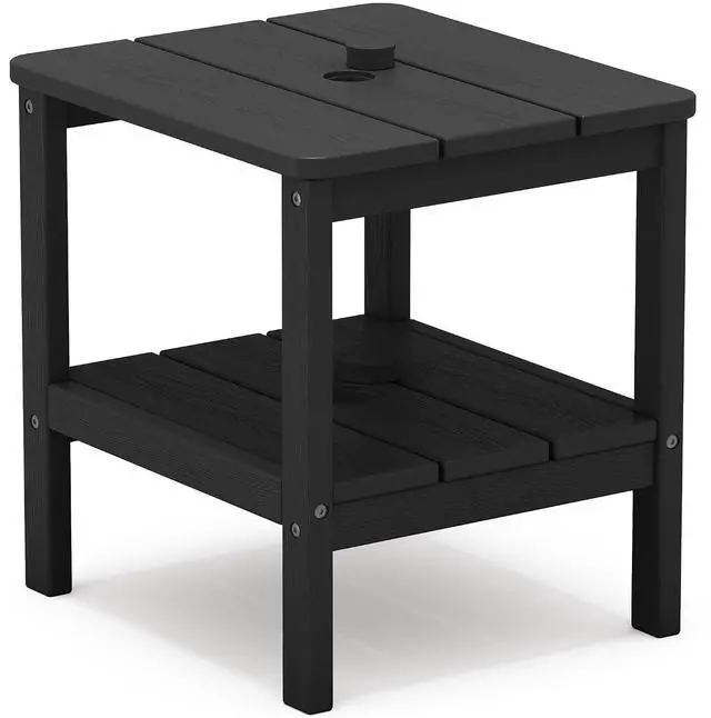 Main image of 2-Tier HDPE Outdoor Side Table with Umbrella Hole, Weatherproof Rectangular Adirondack Side Table, Black