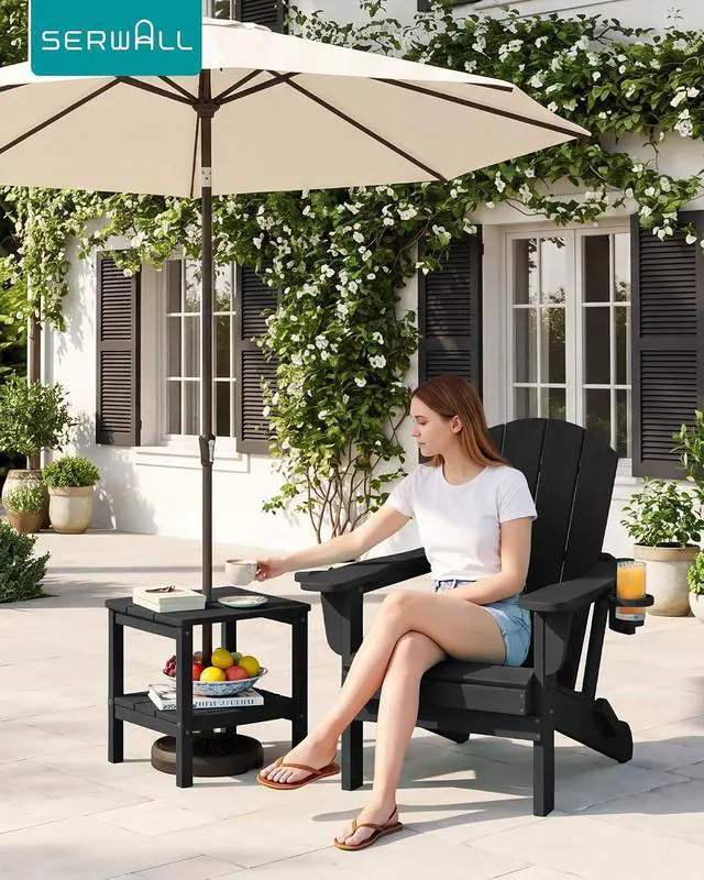 Alt view image 2 of 7 - 2-Tier HDPE Outdoor Side Table with Umbrella Hole, Weatherproof Rectangular Adirondack Side Table, Black