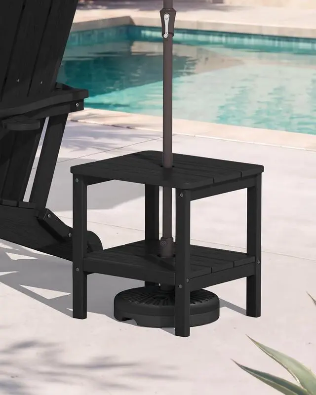 Alt view image 7 of 7 - 2-Tier HDPE Outdoor Side Table with Umbrella Hole, Weatherproof Rectangular Adirondack Side Table, Black