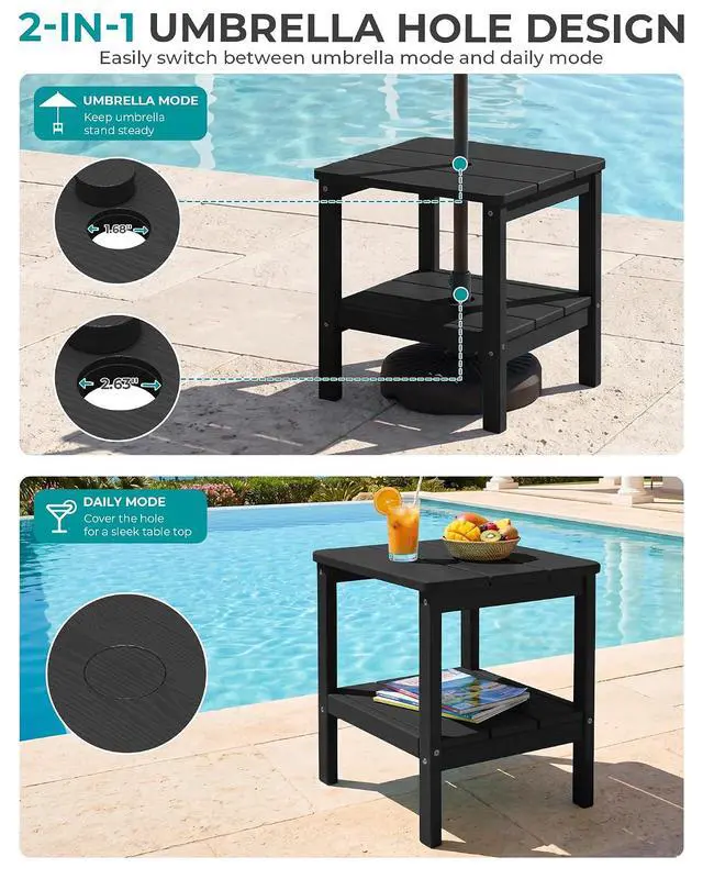 Alt view image 4 of 7 - 2-Tier HDPE Outdoor Side Table with Umbrella Hole, Weatherproof Rectangular Adirondack Side Table, Black