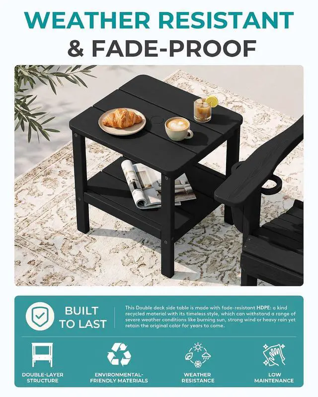 Alt view image 5 of 7 - 2-Tier HDPE Outdoor Side Table with Umbrella Hole, Weatherproof Rectangular Adirondack Side Table, Black