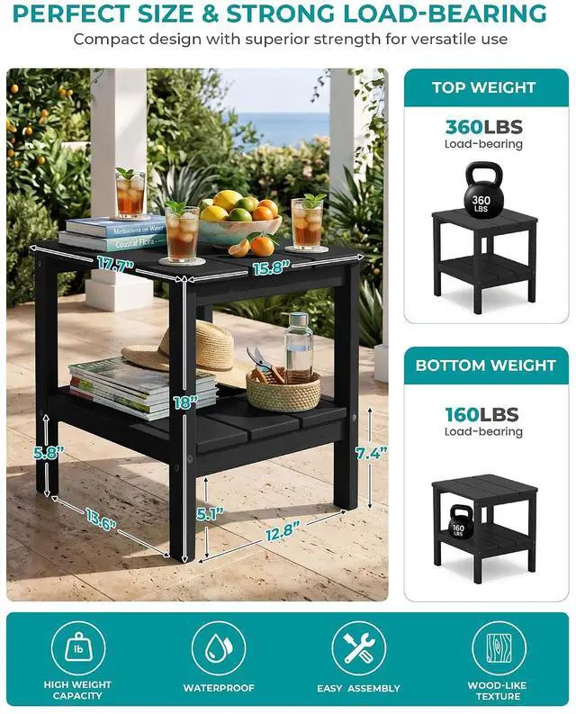 Alt view image 3 of 7 - 2-Tier HDPE Outdoor Side Table with Umbrella Hole, Weatherproof Rectangular Adirondack Side Table, Black