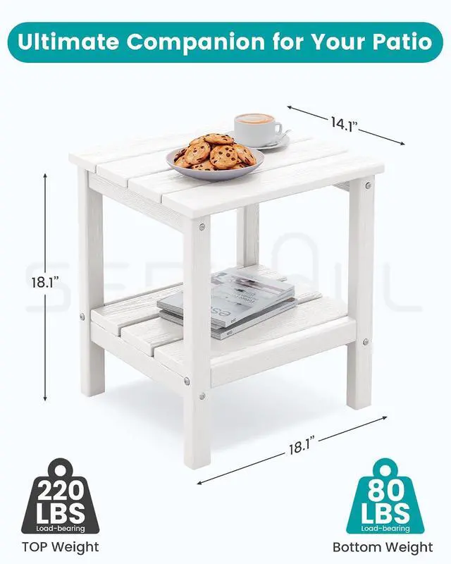 Alt view image 3 of 7 - 2-Tier HDPE Outdoor Side Table, Weatherproof Rectangular Adirondack Side Table, White