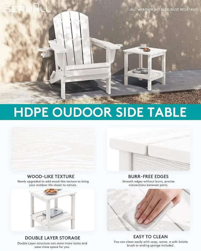 Alt view image 5 of 7 - 2-Tier HDPE Outdoor Side Table, Weatherproof Rectangular Adirondack Side Table, White