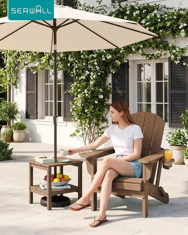 Alt view image 2 of 7 - 2-Tier HDPE Outdoor Side Table, Weatherproof Rectangular Adirondack Side Table, Brown