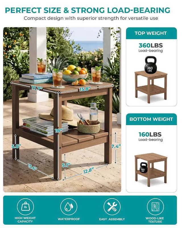 Alt view image 3 of 7 - 2-Tier HDPE Outdoor Side Table, Weatherproof Rectangular Adirondack Side Table, Brown