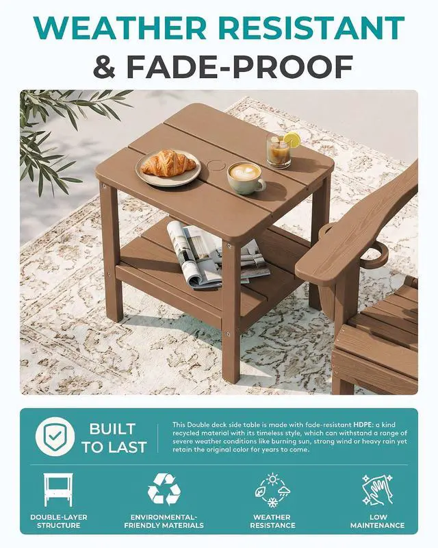 Alt view image 5 of 7 - 2-Tier HDPE Outdoor Side Table, Weatherproof Rectangular Adirondack Side Table, Brown