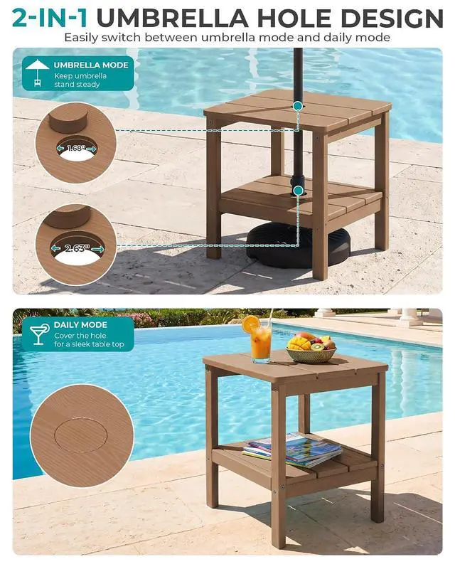 Alt view image 4 of 7 - 2-Tier HDPE Outdoor Side Table, Weatherproof Rectangular Adirondack Side Table, Brown