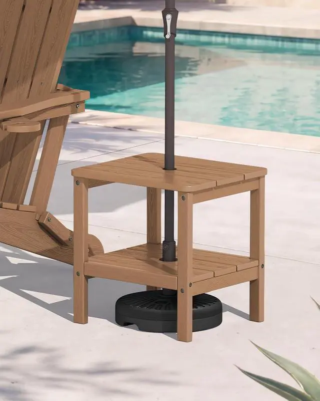 Alt view image 7 of 7 - 2-Tier HDPE Outdoor Side Table, Weatherproof Rectangular Adirondack Side Table, Brown