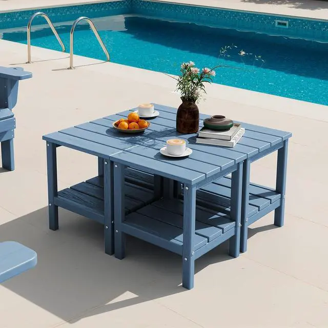 Main image of 2-Tier HDPE Outdoor Side Tables Set of 4, Weatherproof Rectangular Adirondack Side Table, Blue
