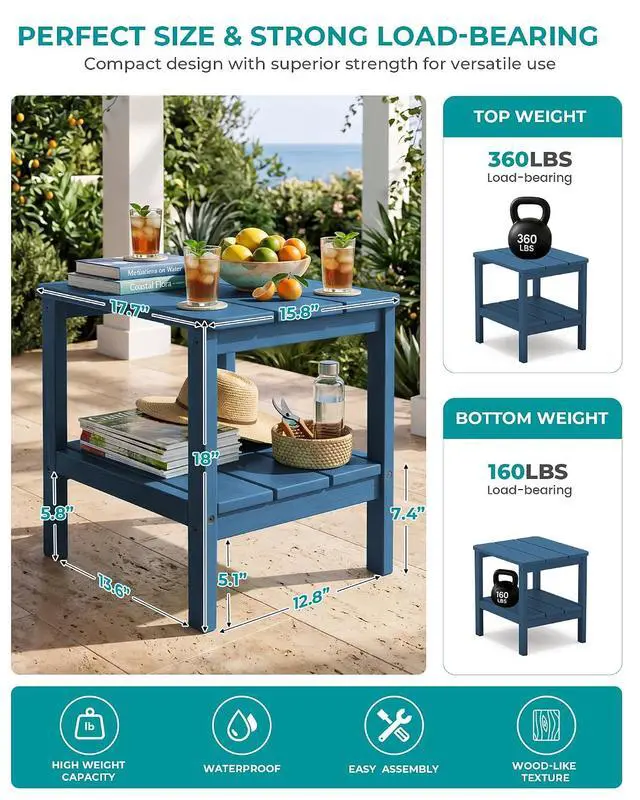 Alt view image 3 of 7 - 2-Tier HDPE Outdoor Side Table, Weatherproof Rectangular Adirondack Side Table, Blue