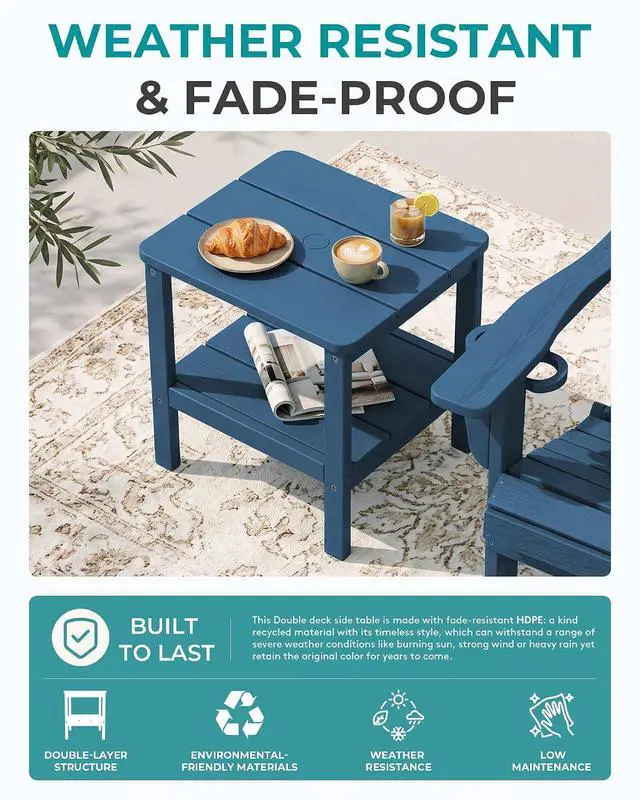 Alt view image 5 of 7 - 2-Tier HDPE Outdoor Side Table, Weatherproof Rectangular Adirondack Side Table, Blue