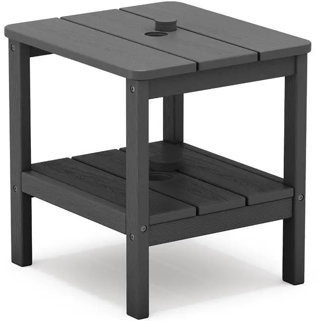 Main image of 2-Tier HDPE Outdoor Side Table with Umbrella Hole, Weatherproof Rectangular Adirondack Side Table, Gray