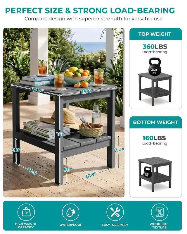 Alt view image 3 of 7 - 2-Tier HDPE Outdoor Side Table with Umbrella Hole, Weatherproof Rectangular Adirondack Side Table, Gray