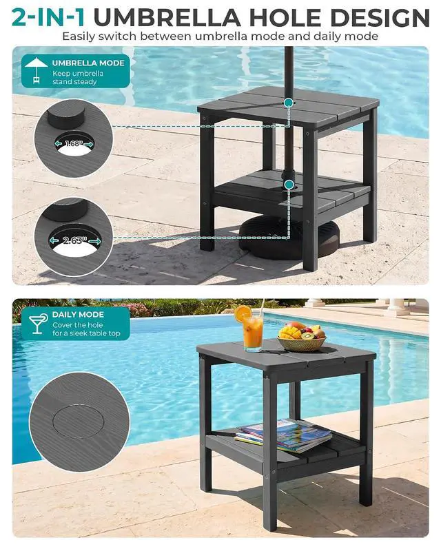 Alt view image 4 of 7 - 2-Tier HDPE Outdoor Side Table with Umbrella Hole, Weatherproof Rectangular Adirondack Side Table, Gray