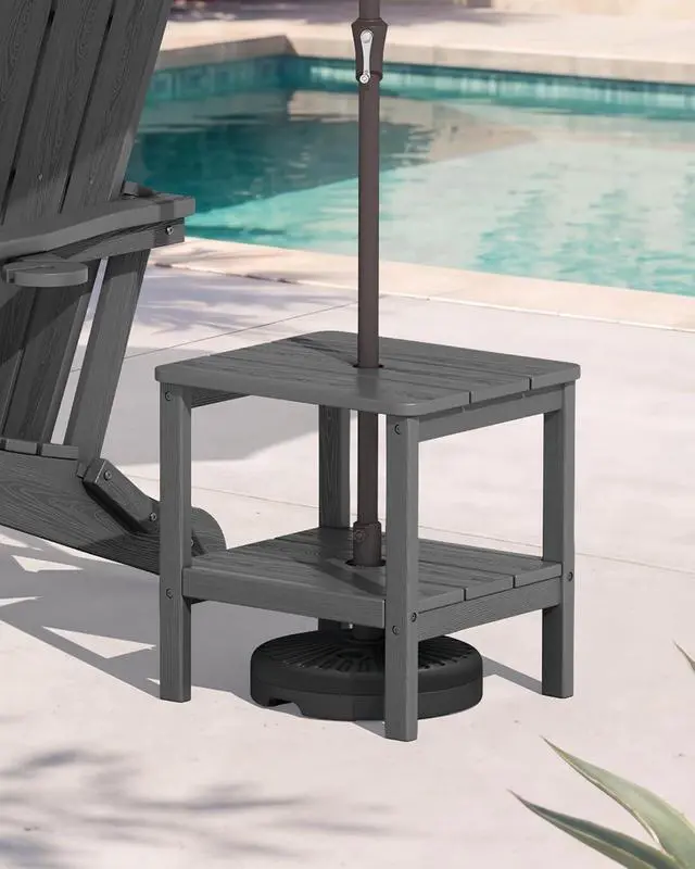 Alt view image 7 of 7 - 2-Tier HDPE Outdoor Side Table with Umbrella Hole, Weatherproof Rectangular Adirondack Side Table, Gray