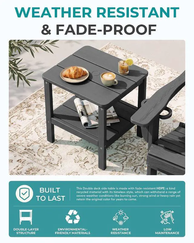 Alt view image 6 of 7 - 2-Tier HDPE Outdoor Side Table with Umbrella Hole, Weatherproof Rectangular Adirondack Side Table, Gray