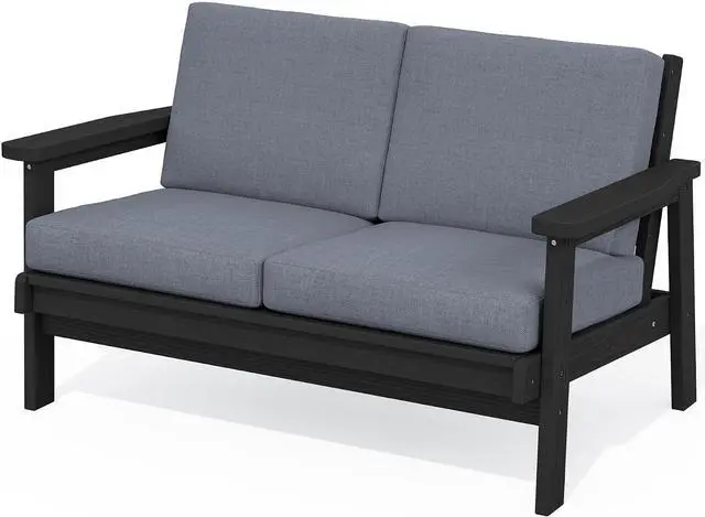 Main image of HDPE Outdoor Patio Loveseat, All Weather Wood-Like Outdoor Sofa HDPE Outdoor Furniture, Black Frame and Grey Cushion