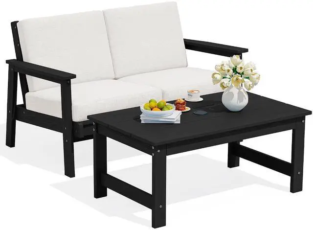 Main image of Outdoor Loveseat, Black Frame and Khaki Cushion
