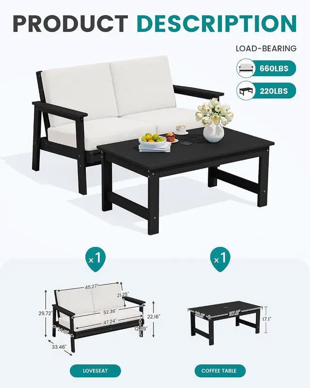 Alt view image 2 of 7 - Outdoor Loveseat, Black Frame and Khaki Cushion