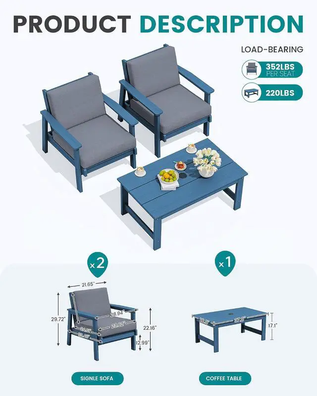 Alt view image 2 of 7 - HDPE Outdoor Couch, Blue Frame and Grey Cushion
