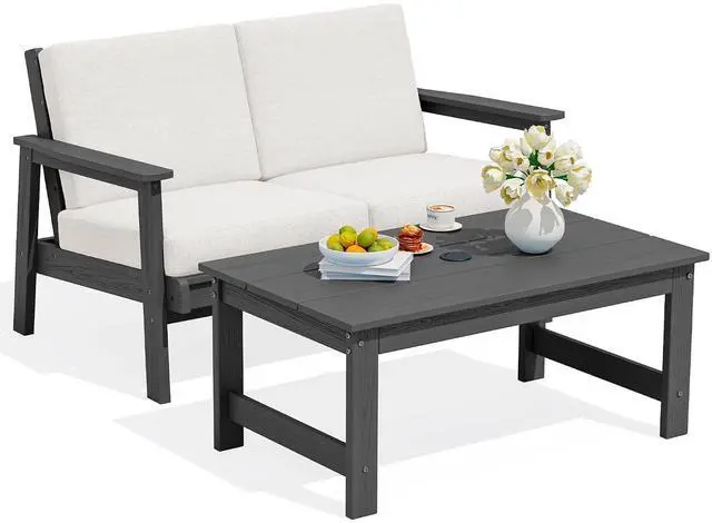 Main image of Outdoor Loveseat, All-Weather HDPE Outdoor Furniture Set, Grey Frame and Khaki Cushion