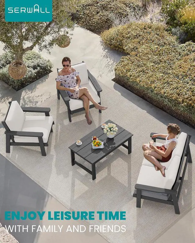 Alt view image 2 of 7 - HDPE Outdoor Furniture Set 4, All Weather Wood-Like Outdoor Sofa Sectional Couch, Grey Patio Furniture Set with Khaki Cushions