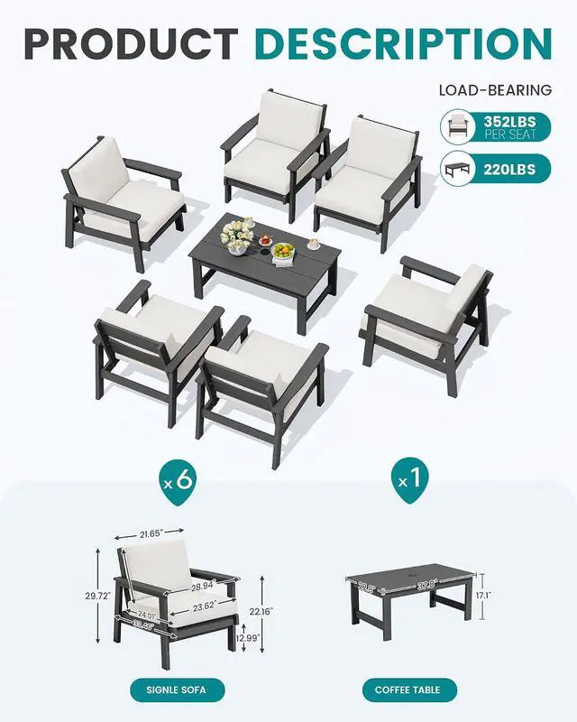 Alt view image 2 of 7 - HDPE Outdoor Furniture Set, 7 Piece All Weather Wood-Like Outdoor Sofa Sectional Couch, Grey Patio Furniture Set with Khaki Cushions