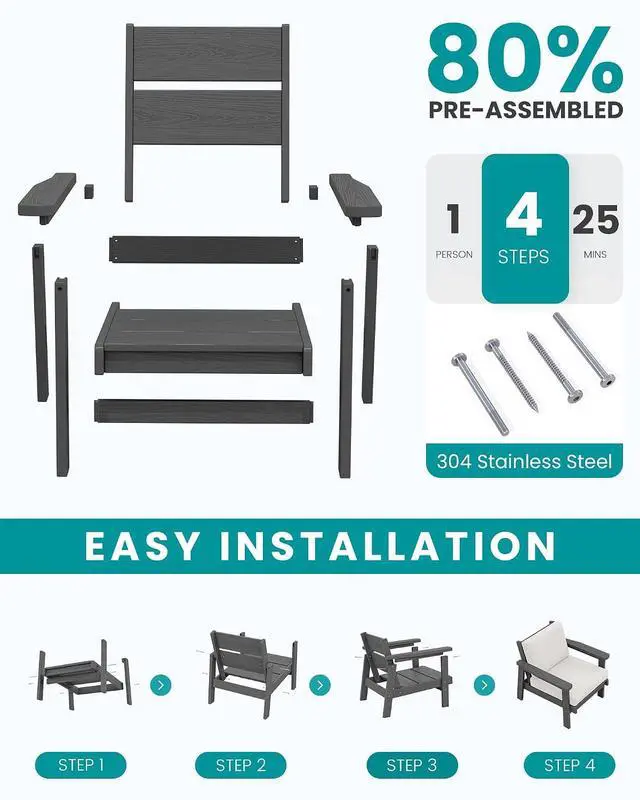 Alt view image 7 of 7 - Outdoor Patio Furniture Set, 5 Piece HDPE Patio Conversation Sets, All-Weather Wood-Like Outdoor Couch Loveseat and Coffee Table with Thick Cushions for Porch Balcony Garden Backyard
